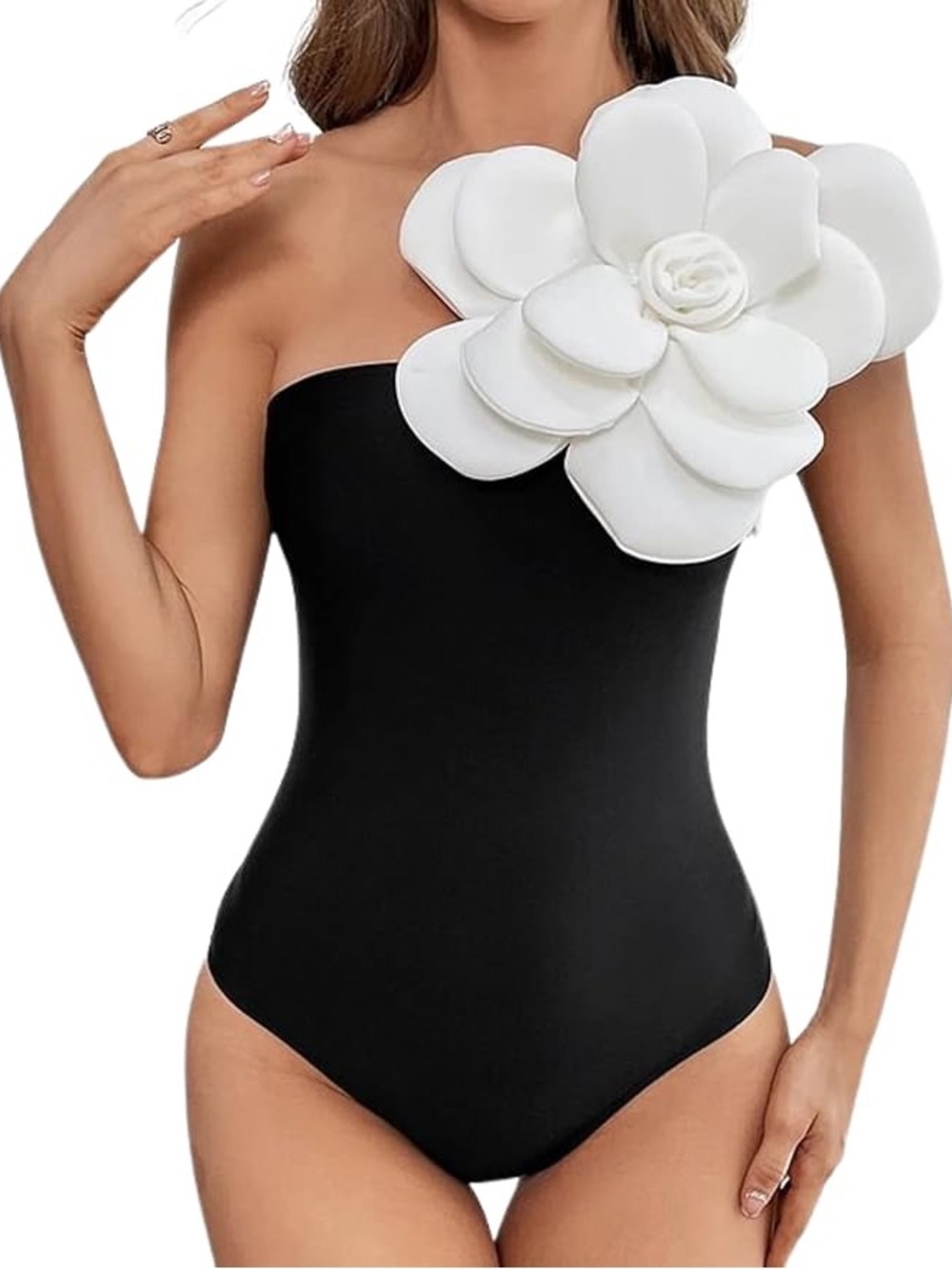 Amazon Black One-Shoulder Swimsuit with White Floral Accent